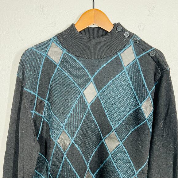Vintage 80s Torras Leather Accent Argyle Sweater Mock Neck Side Button - 42 - Picture 3 of 10